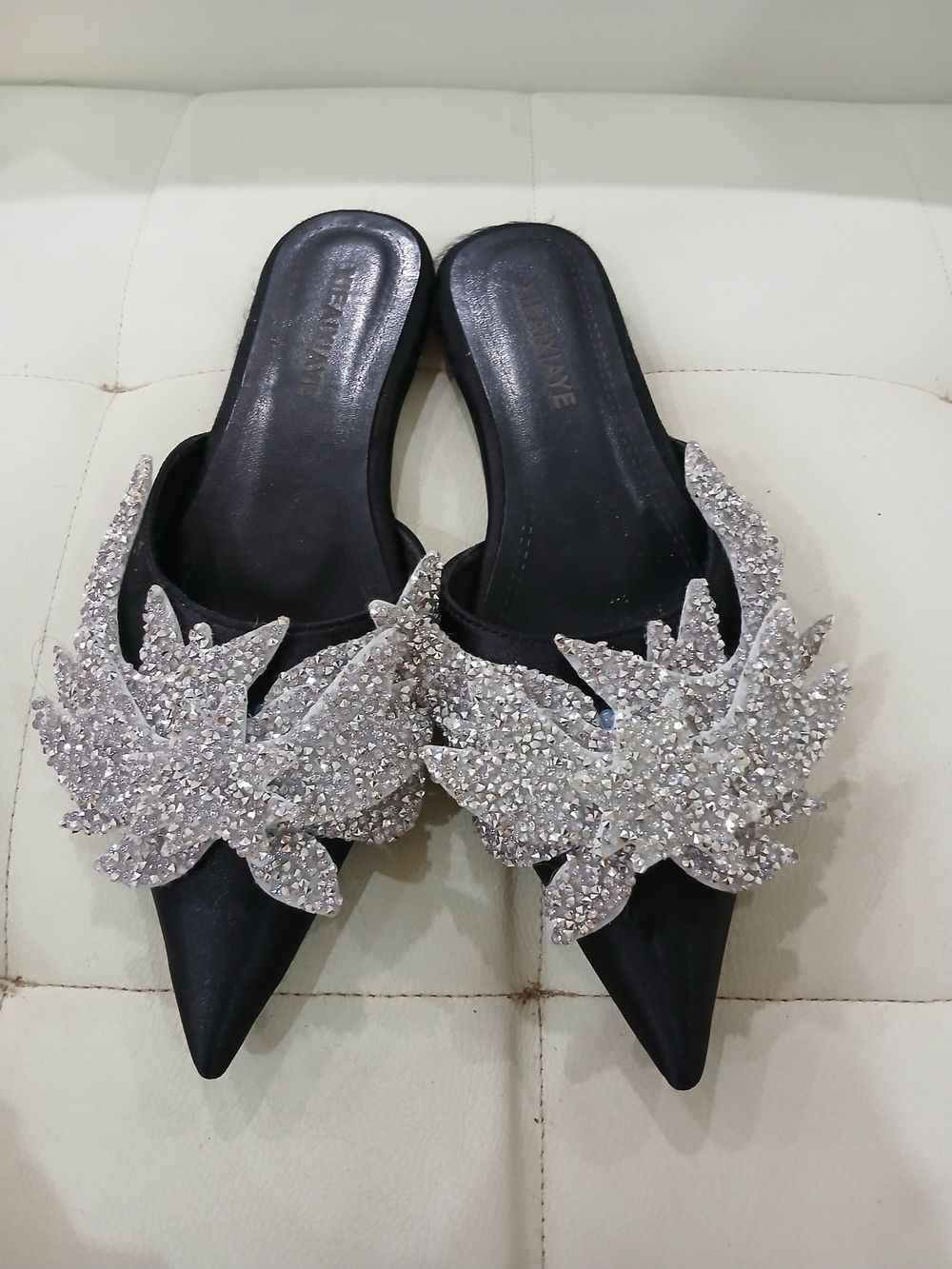 Embellished Black Satin Pointed Mule with Silver Crystal Appliqué